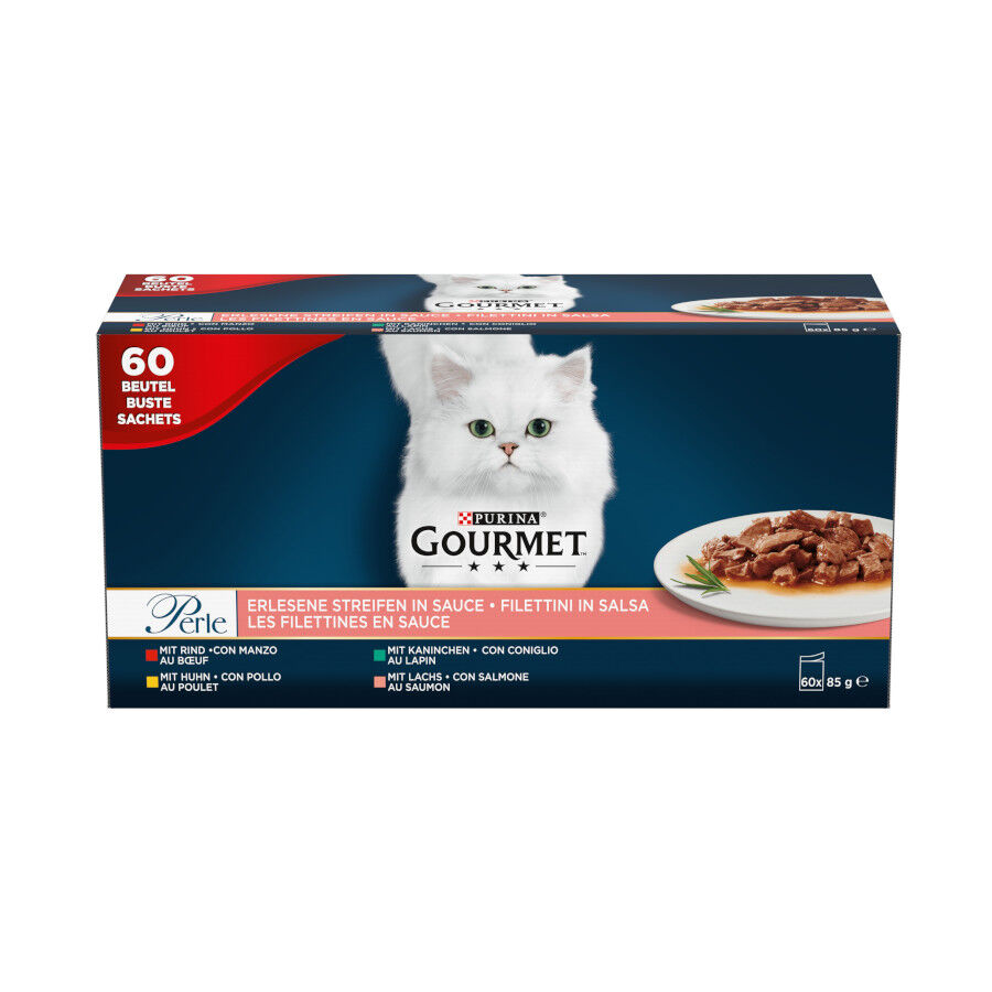 Gourmet Perle Fatias finas com coelho, carne de vaca, frango e salmão em molho para gatos - Pack