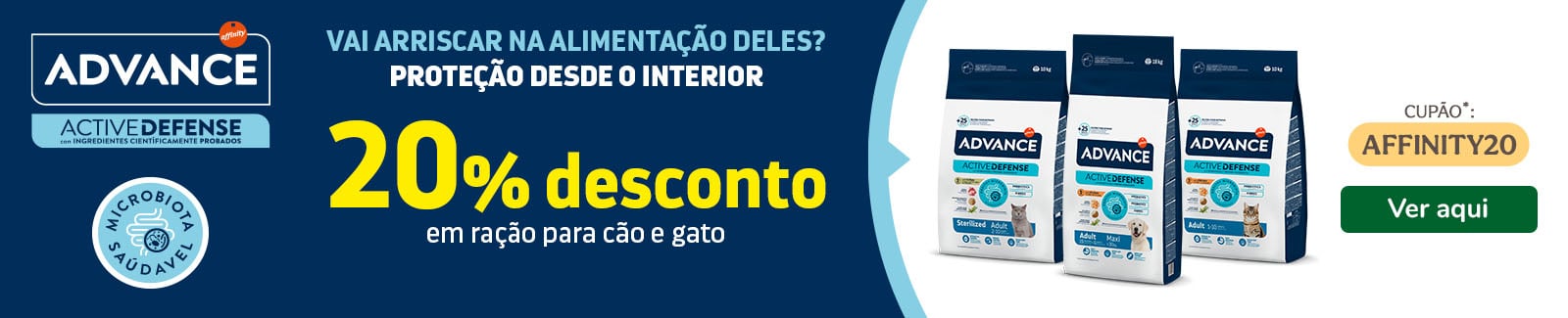 20% Desconto ração para cão e gato da marca Advance