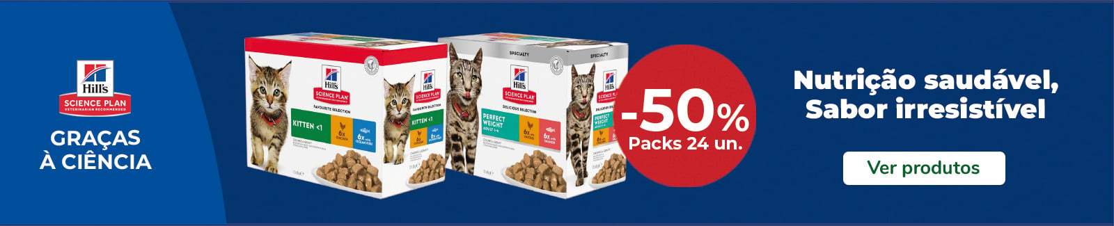 50% de desconto em packs de 24 unidades de alimento húmido para gatos da Hills.