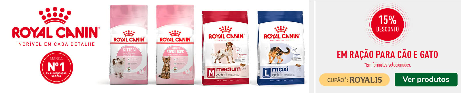 15% de desconto nos top vendas de ração para cão e gato da Royal Canin.