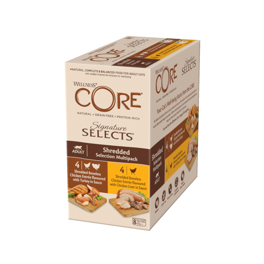 8 latas x 79 g Wellness Core Shredded Selection lata para gatos 8