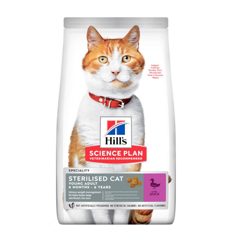 1.5 kg Hill's Young Adult Science Plan Sterilised Pato ração para gatos