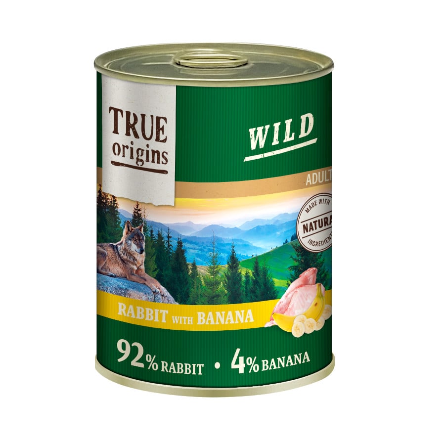 12 latas x 400 g True Origins Adult Wild Coelho e Banana lata para cães Pack poupança!