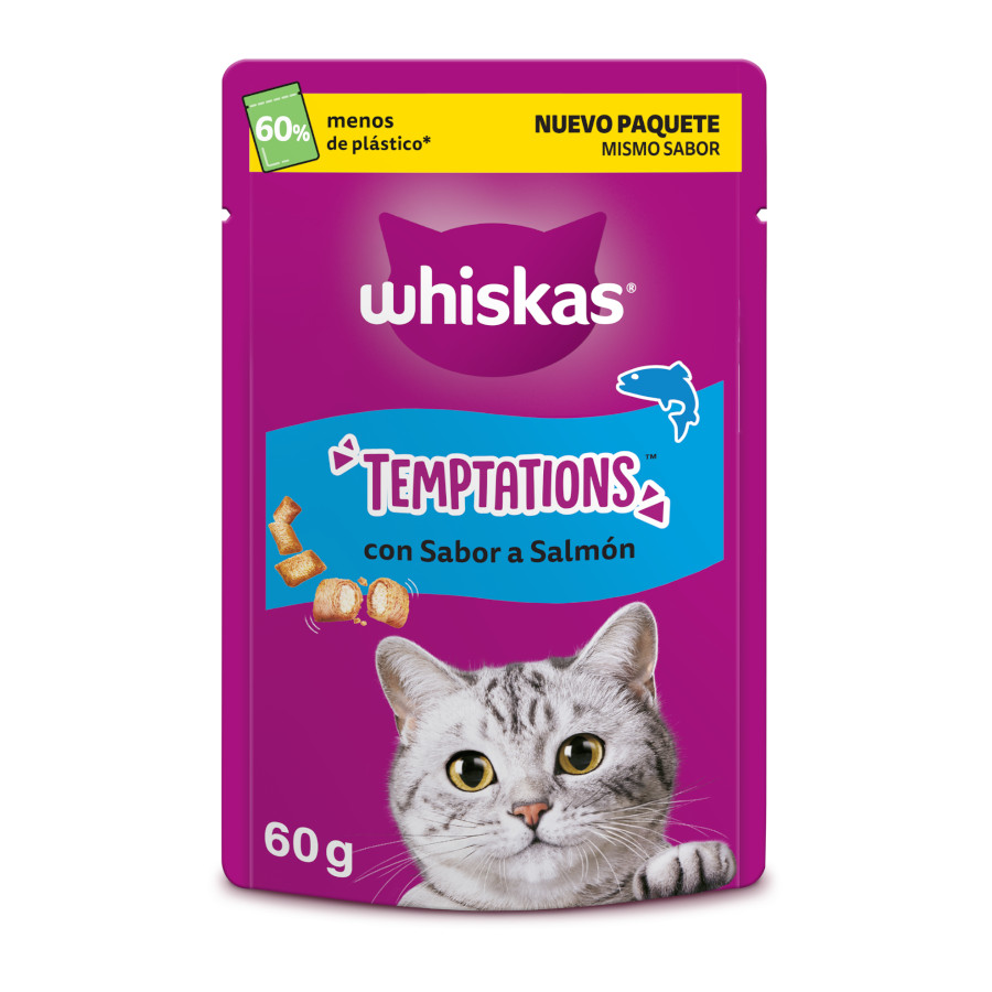 4 pacotes x 60 g Whiskas Temptations Snacks Salmão para Gatos