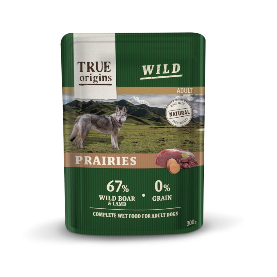 12 saquetas x 300 g True Origins Wild Praires Javali e Cordeiro saqueta para cães Pack poupança!