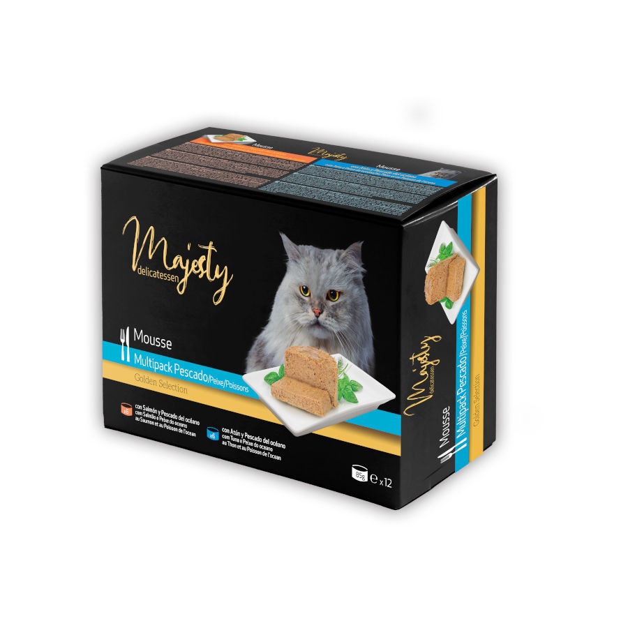 48 latas x 85 g Majesty Adult Mousse de Peixe lata para gatos Pack poupança!