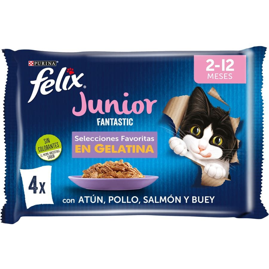 4 saquetas x 85 g Felix Junior Fantastic Carne e Peixe em Geleia saqueta - Multipack