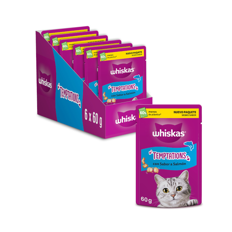 6 pacotes x 60 g Whiskas Temptations Snacks Salmão para Gatos