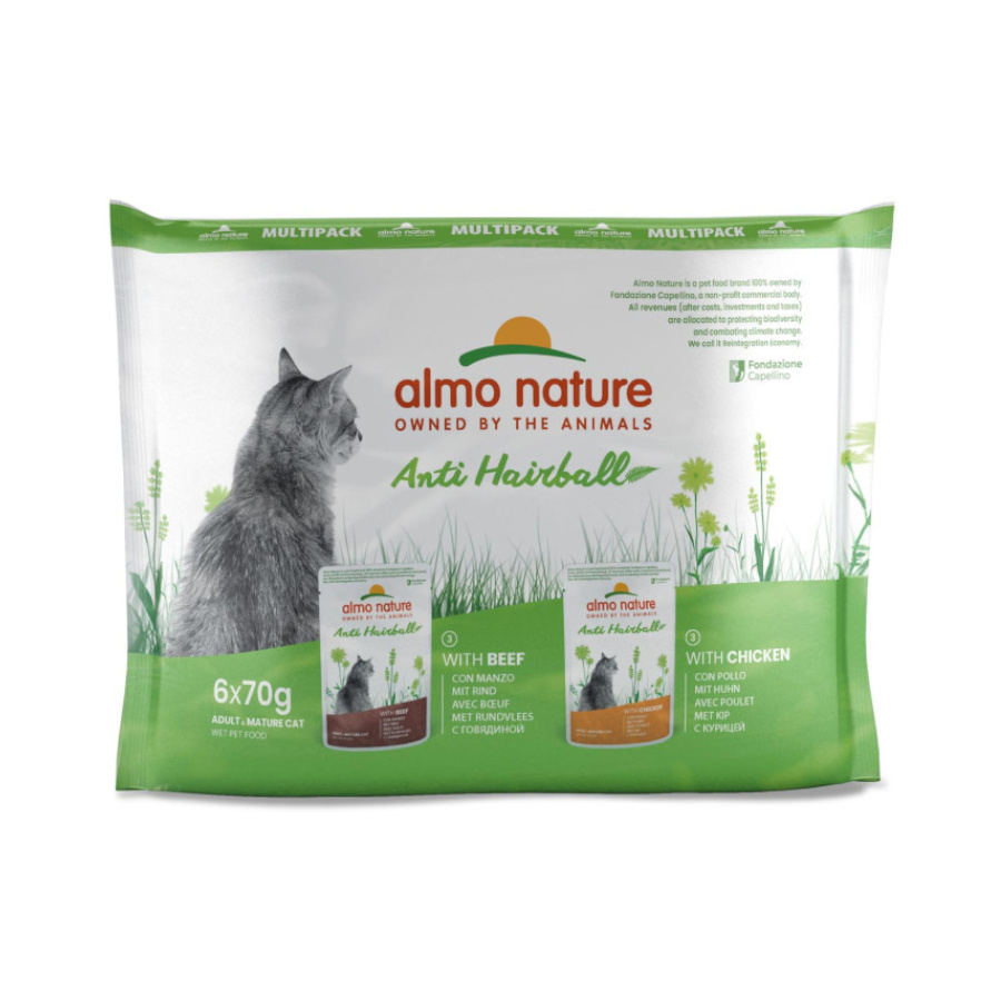 Almo Nature Anti Hairball Carne de Vaca e Frango saquetas para gatos – Multipack 6