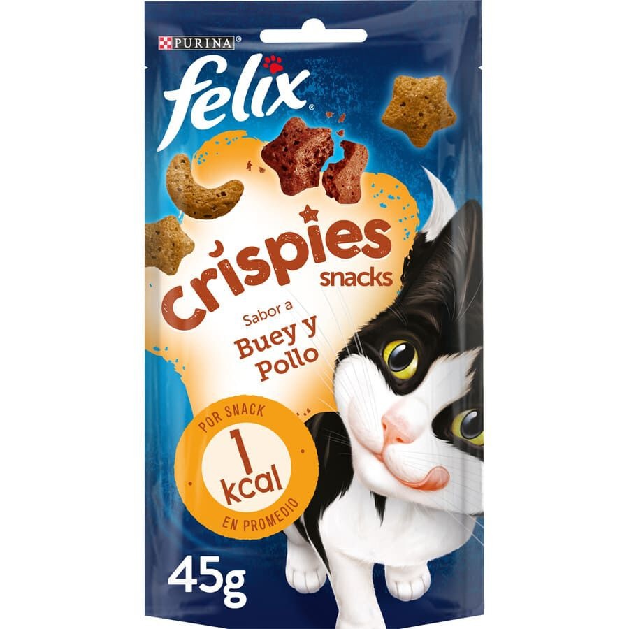 6 pacotes x 45 g Felix Biscoitos Crispies boi e frango para gatos Pack poupança!